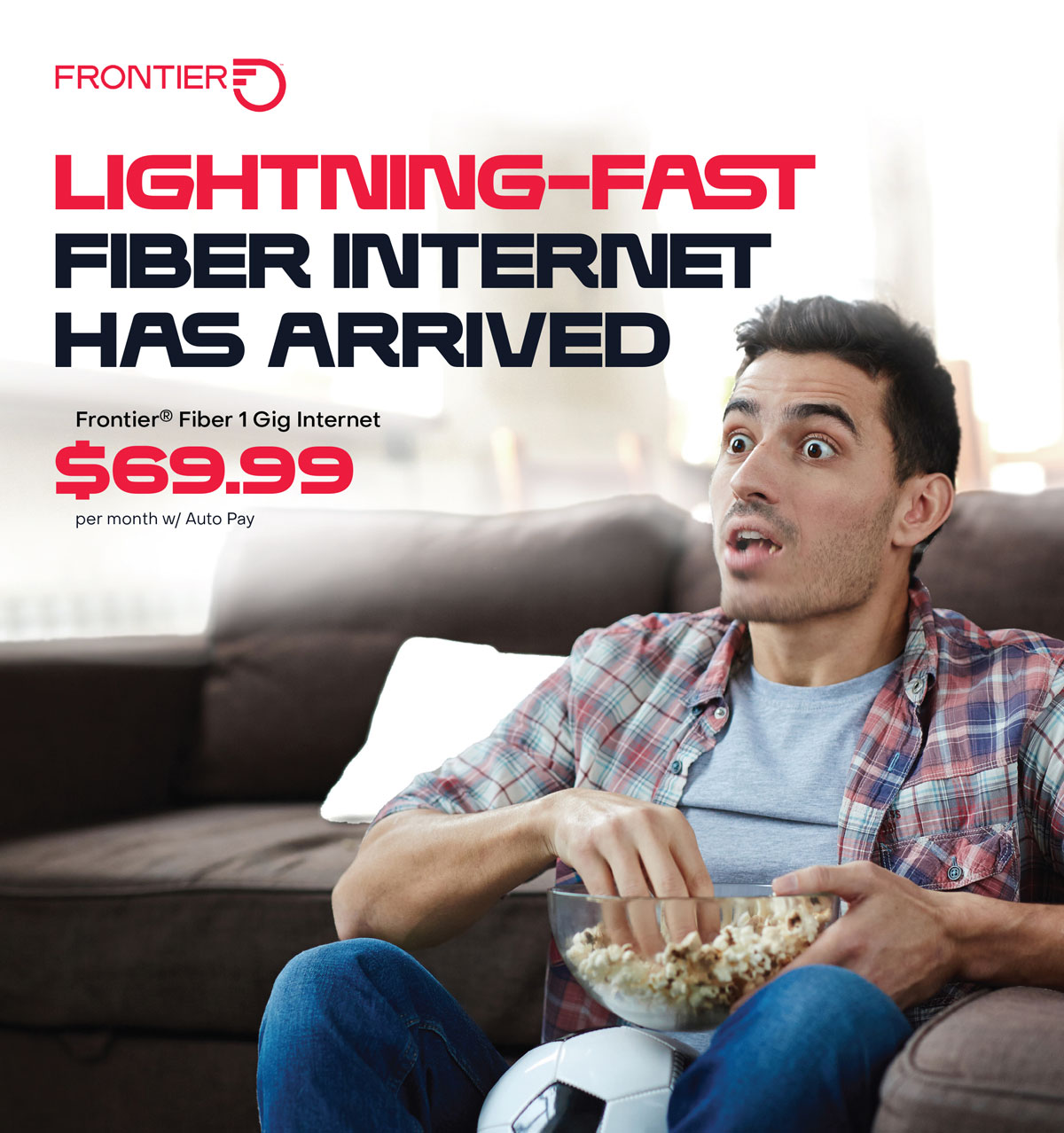 Excited Latino man watching soccer with headline Lightning-fast fiber internet has arrived.